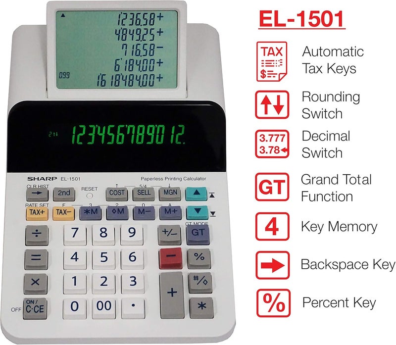 SHARP آلة حاسبة مكتبية طباعة لاسلكية مدمجة El-1501 بشاشة كبيرة 12 رقم - Image 3